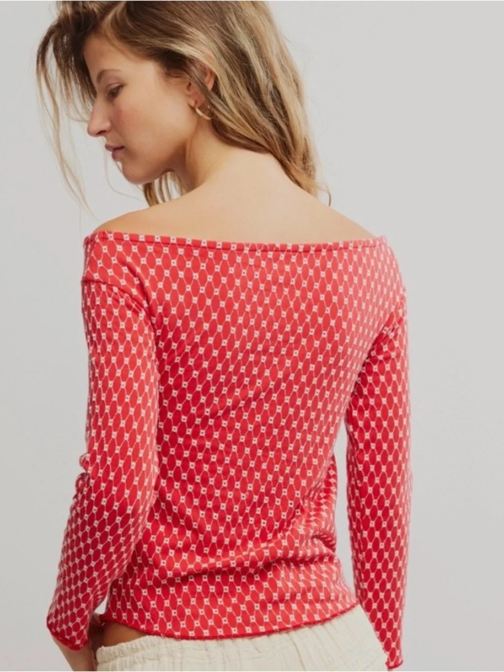 Free People NWOT Women's Coral Printed Long-Sleeve Off-Shoulder Top